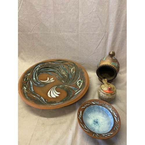 122 - A Rosemarie James terracotta standing bowl with blue glazed interior and leaf design border - 7 1/4i... 