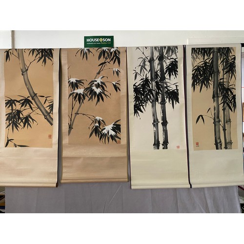 4 - Ten Chinese scroll paintings of bamboo and flowers, the largest - 16in. wide and 47in. long