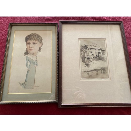 15 - A signed watercolour - Portrait of Violet Cameron, framed and glazed - 10 1/2in. x 6in. and a black ... 