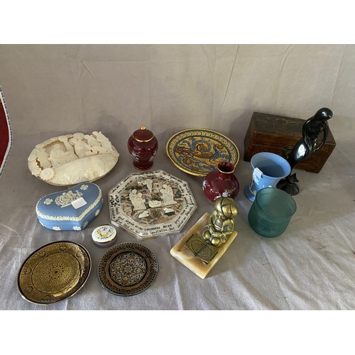 288 - A mother of pearl carving of Christ, one other of the Lords Prayer, a Halcyon Days enamel trinket bo... 