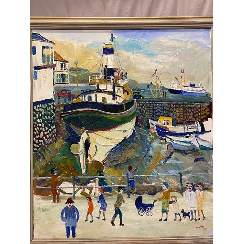 4 - Fred Yates.  Oil on board - Harbour scene with figures in the foreground, a fishing boat on the hard... 