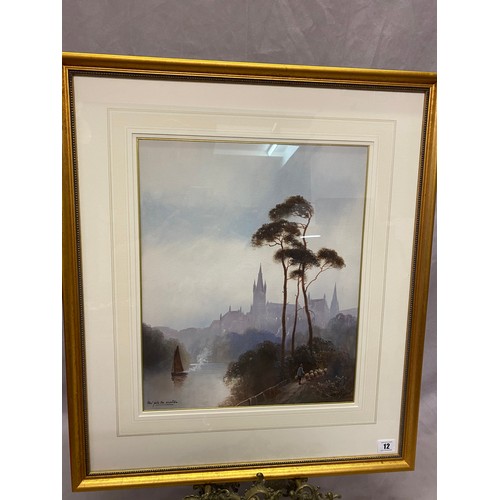 12 - J.W Gozzard.  A watercolour - Fast Falls The Eventide, framed and glazed - 16in. x 13in.