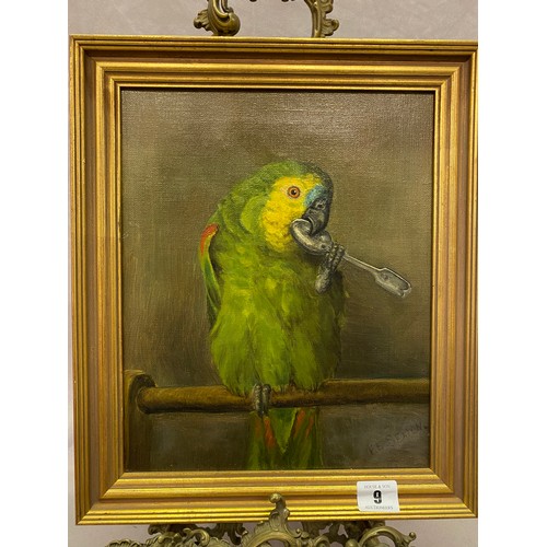 9 - Oils on canvas - Portrait of an Amazon parrot, gilt framed - 11 1/2in. x 9in.