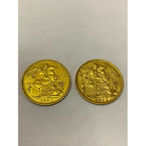 266 - Two Victorian gold sovereigns dated 1887 and 1893

Please note buyers premium does not apply to the ... 