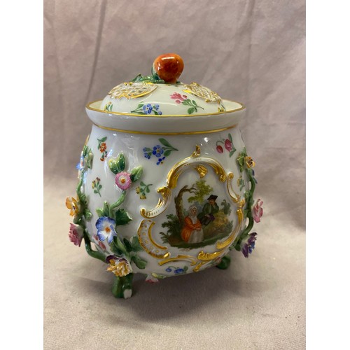 106 - A Meissen porcelain flower encrusted pot pourri with strawberry finial, painted flowers in reserves ... 