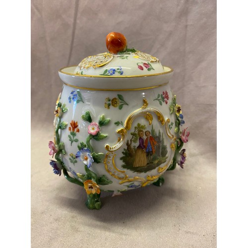 106 - A Meissen porcelain flower encrusted pot pourri with strawberry finial, painted flowers in reserves ... 