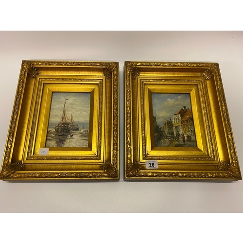 20 - Meier.  A signed oil on board - Bruges canal scene, gilt framed - 7in. x 5in. and a signed oil on bo... 