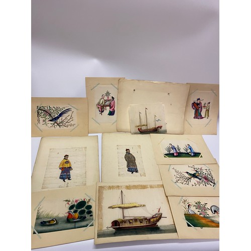 13 - Eleven Chinese paintings on rice paper of figures, junks etc.. - 6 1/2in. x 4 1/2in.