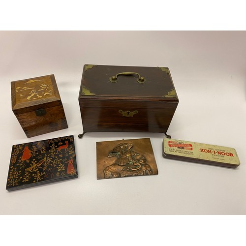 324 - A Georgian rosewood tea caddy with brass corners and feet, an oak tea caddy decorated Mount Fuji to ... 