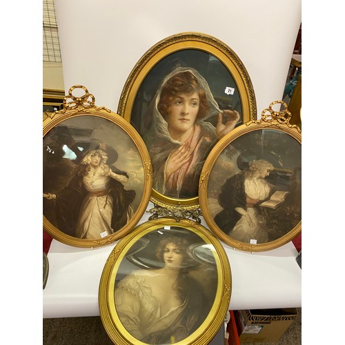 21 - A pair of 19th Century coloured engravings of Gainsborough ladies, in reeded gilt frames with ribbon... 