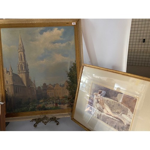 18 - Initialled C.K.  Oils on canvas - French town square with market, framed - 30in. x 25in. and Fred Pe... 