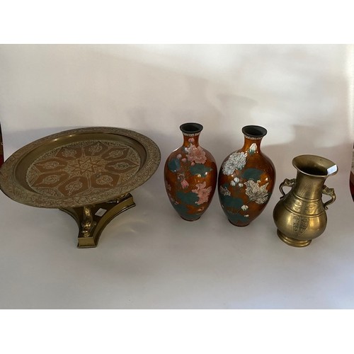 343 - A pair of Cloisonne vases, brown decorated flowers (damaged), a brass vase, dish, stand etc..