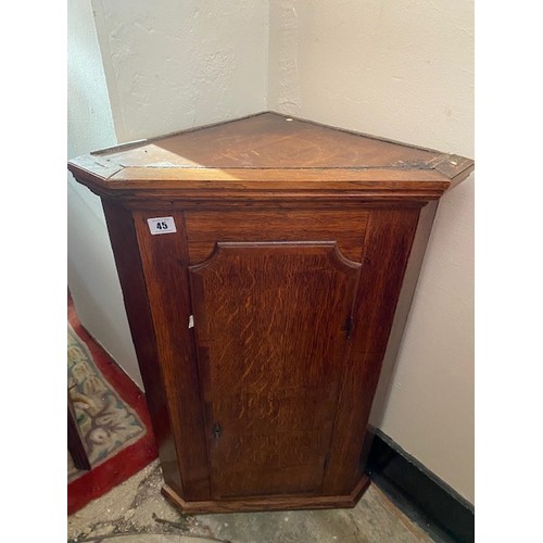 45 - A small oak wall hanging angle cabinet with panelled door and canted sides - 19 1/2in. wide