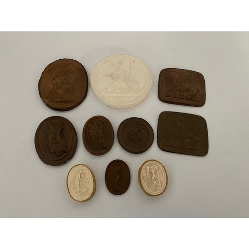 334 - Two Grand Tour small plaster cameos, seven bronzed resin style 'cameos' and a circular plaster medal... 