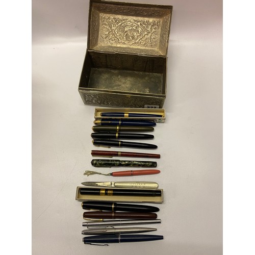 322 - A selection of fountain pens including Onoto and Conway Stewart, in an Eastern silver coloured metal... 