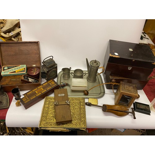 328 - Four 19th Century mahogany boxes, a carriage lantern in a black metal case, rectangular pewter tray,... 