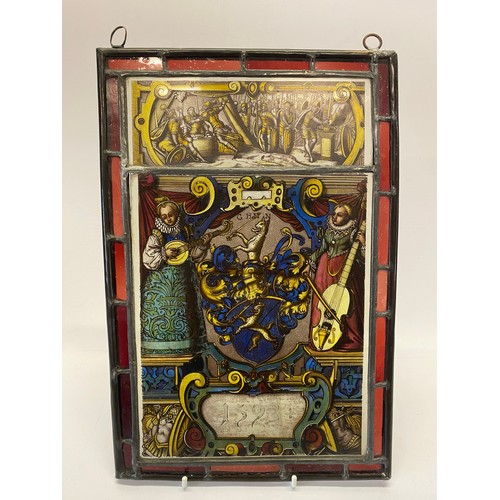 1321 - An antique stained glass panel dated 1593 - 13 3/4in. x 9in.