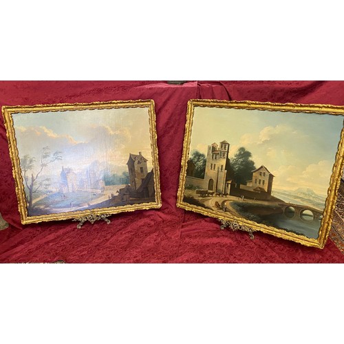 18 - A pair of Continental oils on canvas - Landscape scenes with buildings, one with lady and cow, river... 