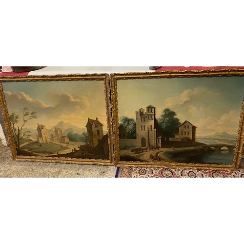 18 - A pair of Continental oils on canvas - Landscape scenes with buildings, one with lady and cow, river... 