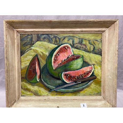 1002 - An unsigned oil on board - Still life of water melons, framed - 13in. x 17in.