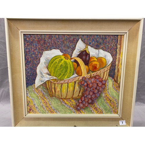 1006 - Monogrammed.  Oils on board - Still life of fruit and an aubergine in a basket, framed - 15in. x 18i... 