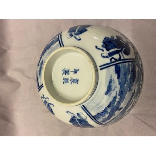 1193 - A Chinese 19th Century bowl decorated in blue and white with figures and landscapes in alternate res... 