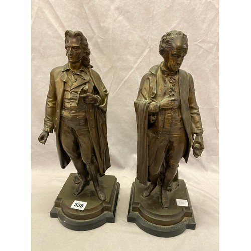 1323 - A pair of bronze statues, one depicting Isaac Newton, on shaped stepped bases - 16in. high