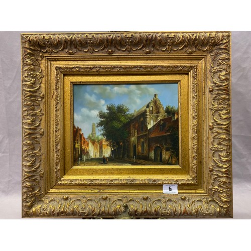 1004 - A signed oils on panel - Continental street scene with figures and buildings, gilt framed - 7 1/2in.... 