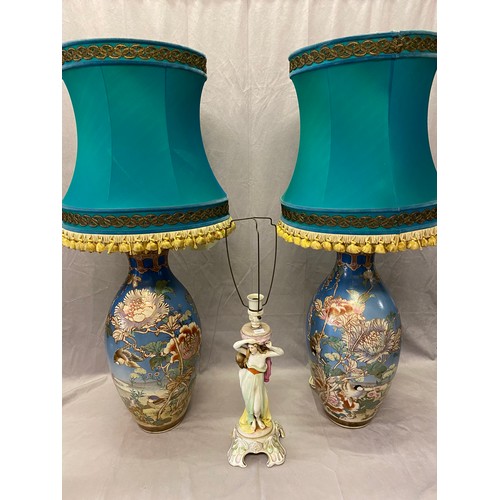 1098 - A pair of Japanese pottery vases, blue ground decorated chrysanthemums converted to tablelamp bases ... 