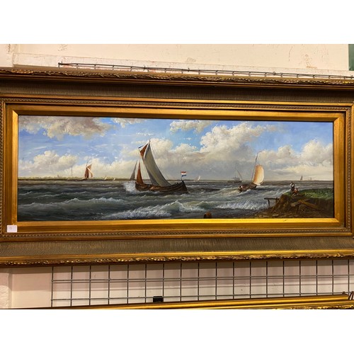 1012 - V De Luca.  A pair of oils on panel - Sailing boats, gilt framed - 11 1/2in. x 35in.