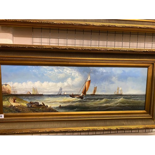 1012 - V De Luca.  A pair of oils on panel - Sailing boats, gilt framed - 11 1/2in. x 35in.