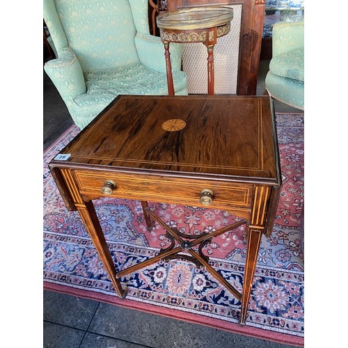 1038 - An Edwardian rosewood and satinwood inlaid table fitted two drop flaps, frieze drawer, on square leg... 