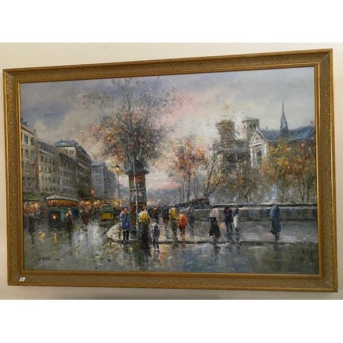 1020 - A large signed oil on canvas - Paris street scene, framed - 47in.x  70in.