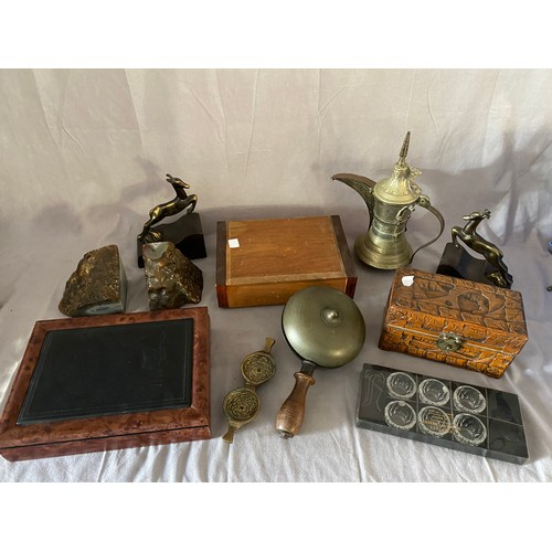 A large hand bell, an Eastern brass coffee pot, a pair of Art Deco