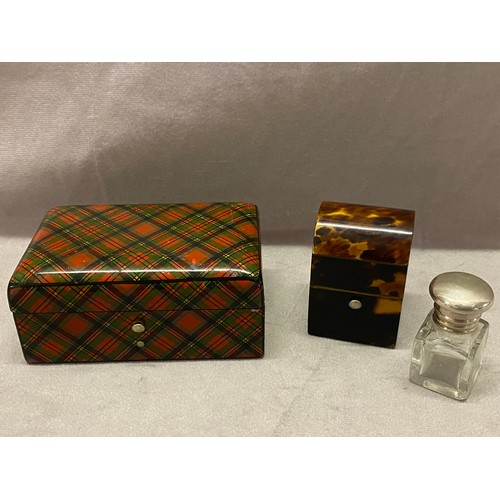 327 - A 19th Century tortoiseshell box with dome shaped lid the interior fitted glass scent bottle and a T... 