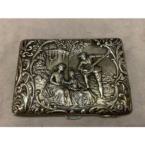 207 - A Victorian silver card case embossed to each side with garden scenes, figures and peacocks amongst ... 