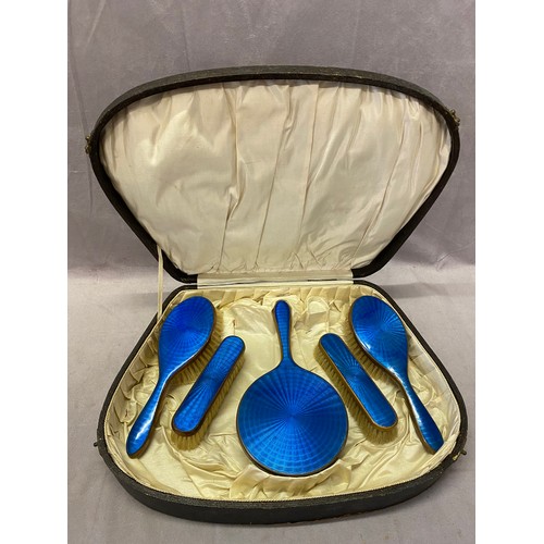 325 - A copper and blue enamel five piece dressing table set in fitted box, a coloured print of a squirrel... 