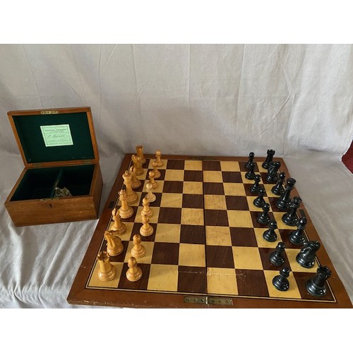 326 - A Jacques and Son Staunton Chess Men chess set in wooden box and a Jacques folding chess board