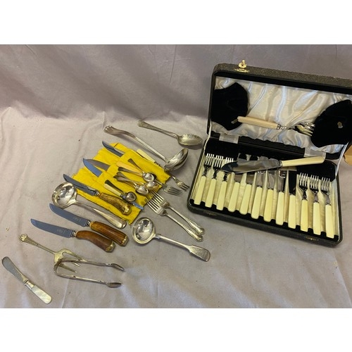 158 - A set of six pairs of chrome fish knives and forks and servers and a selection of silver plated flat... 