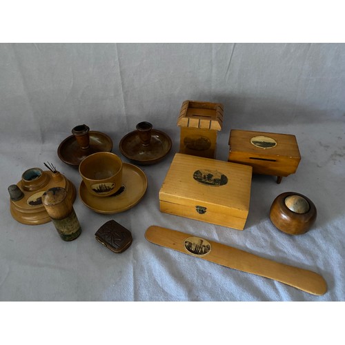 277 - A Mauchline ware money box, sewing stand and a selection of decorative treen items