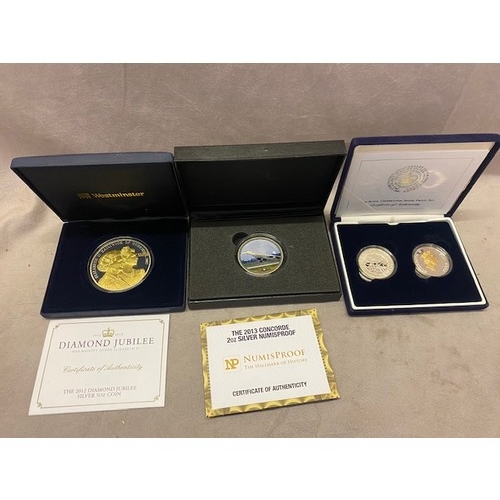 311 - The Royal Celebration silver proof set 2002 and 2003, boxed with certificate, the 2013 Concorde 2oz ... 