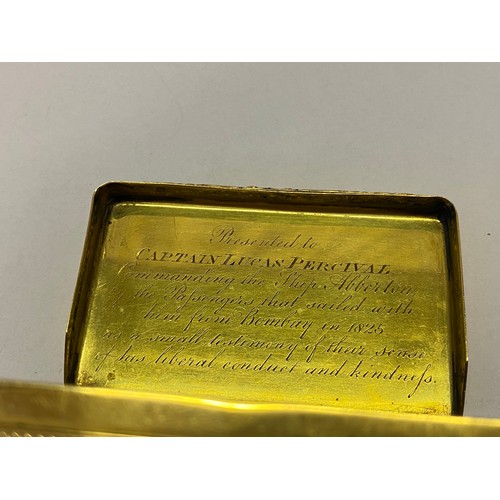 248 - A Georgian 18ct gold snuff box with engine turned decoration, floral edge, the lid bearing inscripti... 