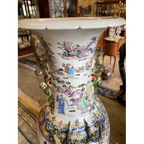 116 - A pair of large reproduction Chinese vases decorated figures, horses and flowers, on wooden stands -... 