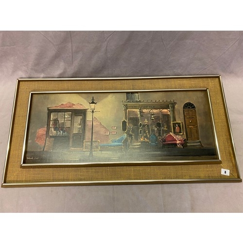 8 - Deborah Jones.  Oils - The Antiques Shop, framed - 11 1/2in. x 29 1/2in.