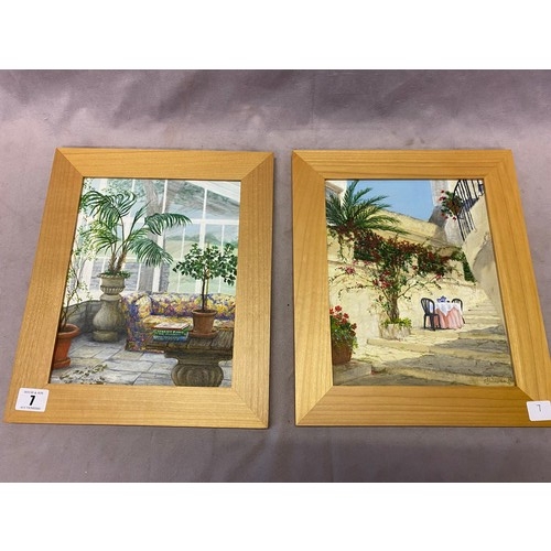 7 - S.J Williams.  A pair of oils - Garden Room and Continental Breakfast, framed - 9 1/2in. x 7 1/2in.