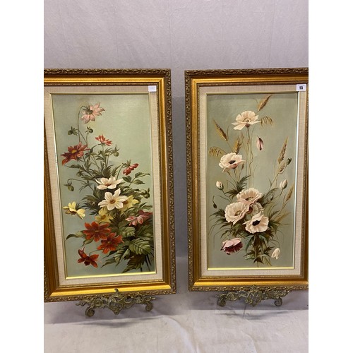 15 - K.W 1873.  A pair of Victorian oils on canvas - Still life of flowers, framed - 24in. x 11in.