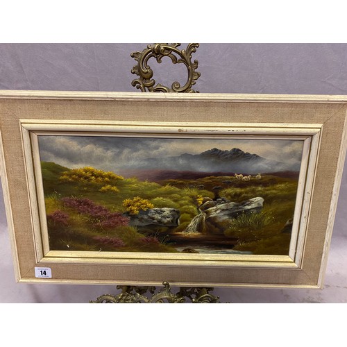 14 - Oils on board - Moorland scene with mountains in the distance, waterfall and heather in the foregrou... 