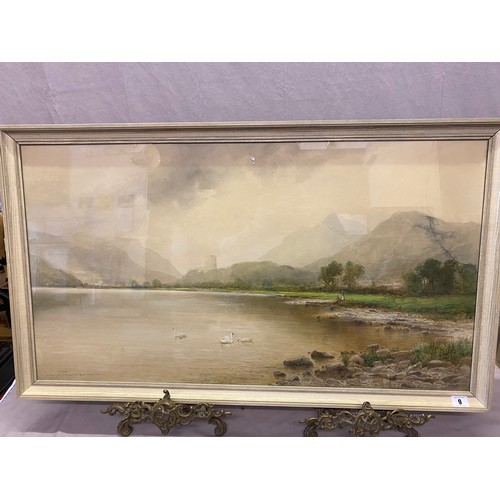 9 - A watercolour - Lake and mountain scene with swans in the foreground, framed and glazed - 19in. x 36... 