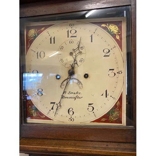 42 - A 19th Century longcase clock by R Drake of Beaminster, cream enamel dial, seconds dial, date apertu... 