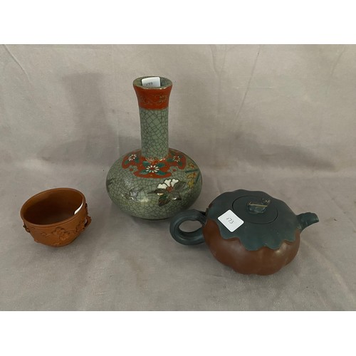 173 - A Chinese bottle shaped vase, a terracotta teapot and a miniature terracotta Chinese vase